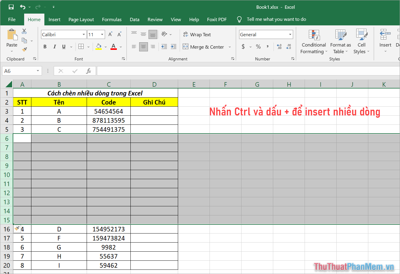 Cách chèn hàng loạt dữ liệu vào Excel