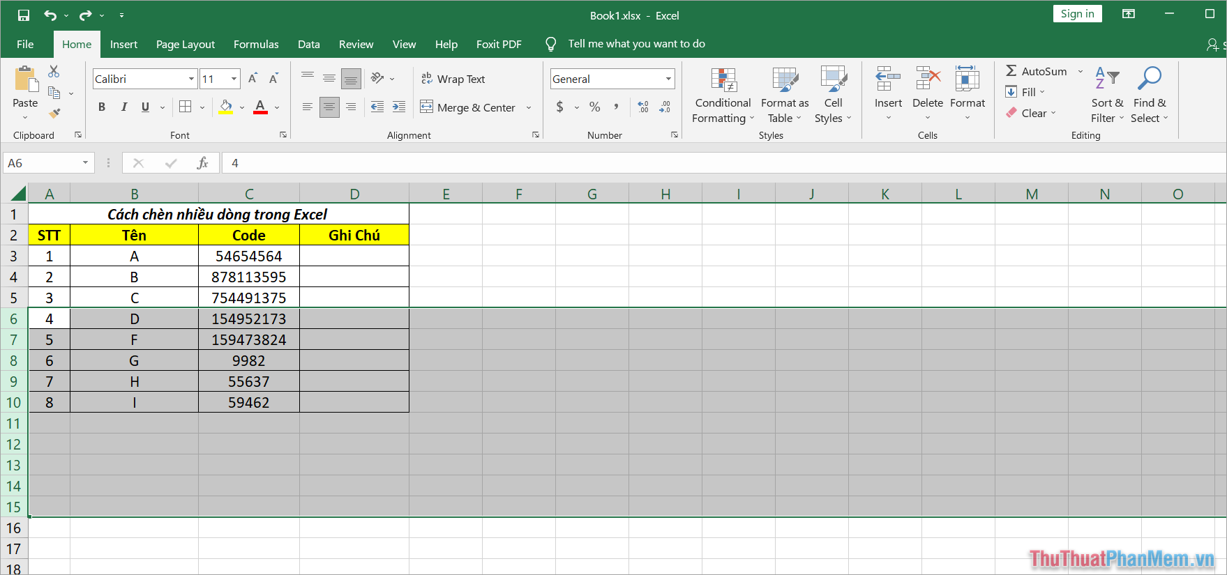 Cách chèn hàng loạt dữ liệu vào Excel