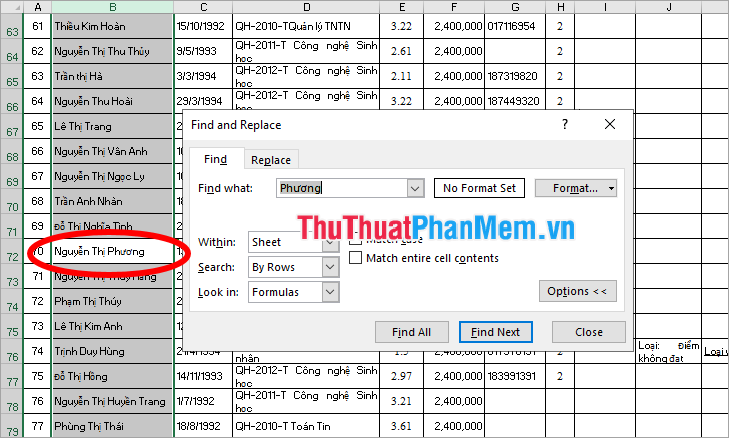 Bí quyết Tìm Tên trong Excel