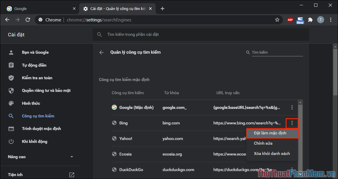 Hướng dẫn thay đổi công cụ tìm kiếm mặc định trên Google Chrome