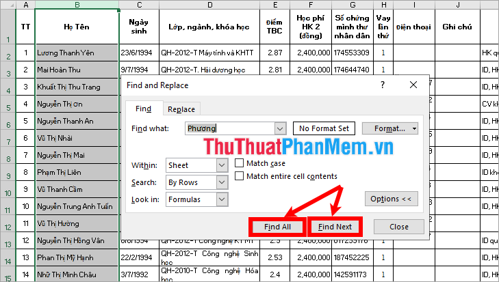 Bí quyết Tìm Tên trong Excel