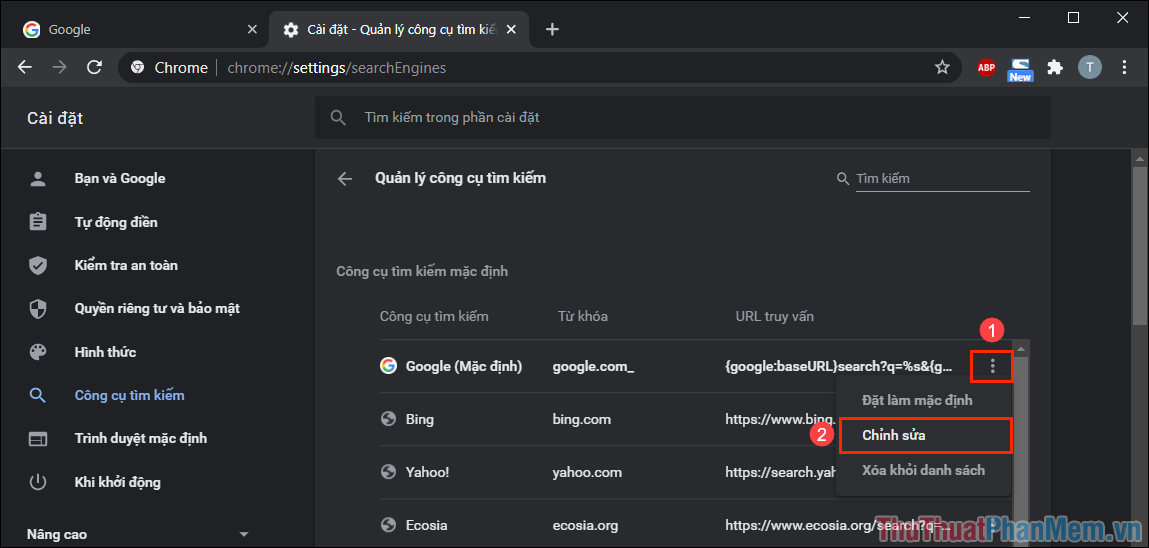 Hướng dẫn thay đổi công cụ tìm kiếm mặc định trên Google Chrome