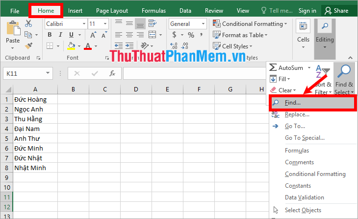 Bí quyết Tìm Tên trong Excel