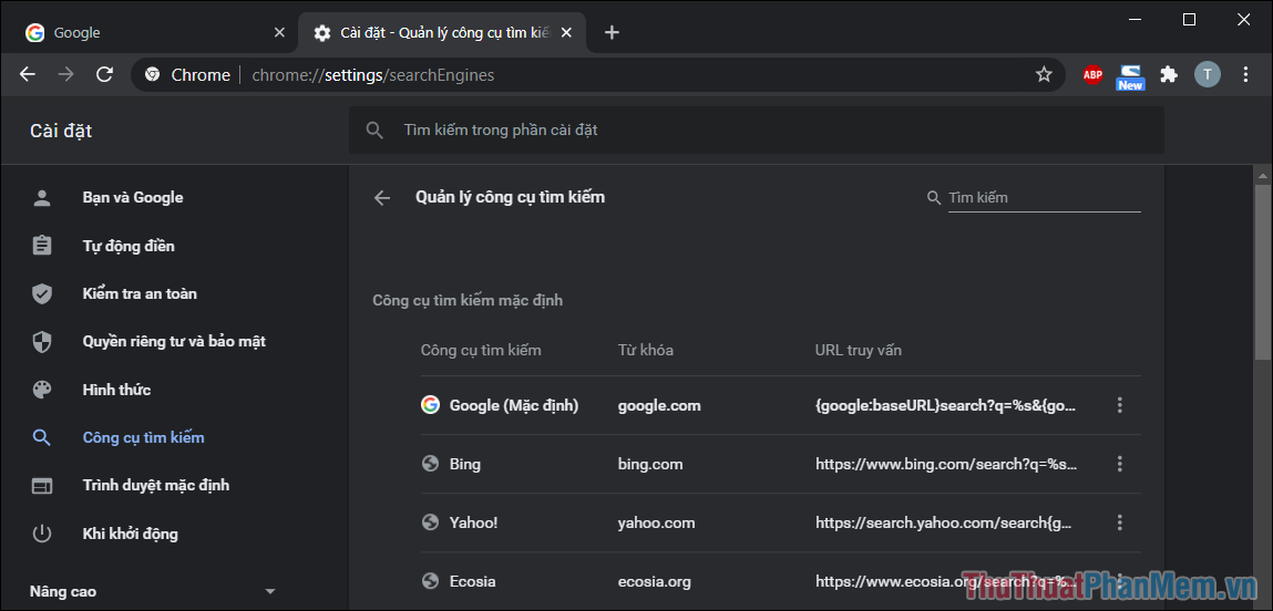 Hướng dẫn thay đổi công cụ tìm kiếm mặc định trên Google Chrome