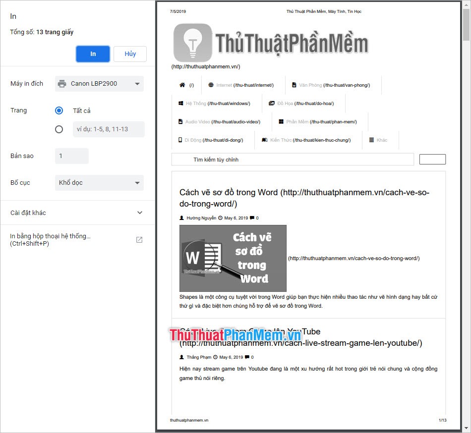 Hướng dẫn in trang web ra giấy