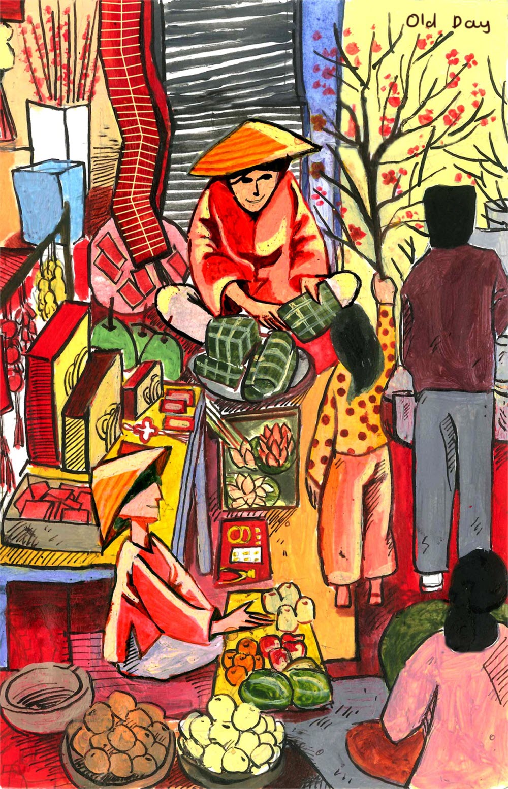 Tranh vẽ chợ Tết lung linh