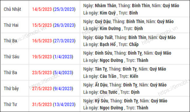 Ngày tốt cưới hỏi tháng 5 năm 2023