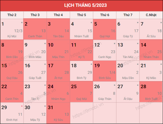 Các ngày hoàng đạo tháng 5 năm 2023
