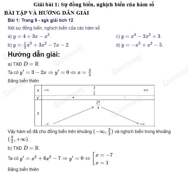 Bài 1 SGK Toán 12 Trang 9 - Hướng Dẫn Chi Tiết và Lời Giải Hay Nhất