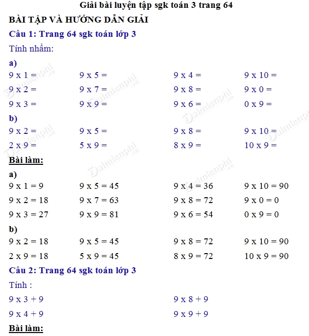 Toán lớp 3 trang 64: Bài tập luyện tập và hướng dẫn chi tiết