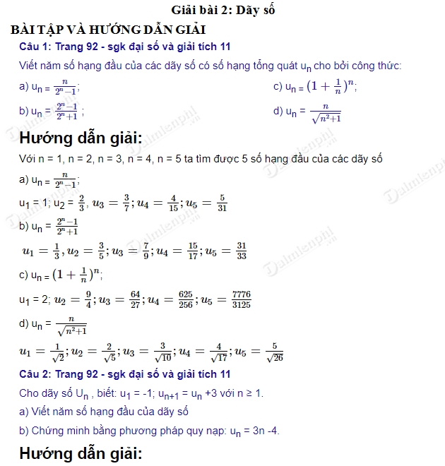 Bài 1 trang 92 SGK Toán 11: Giải chi tiết và Phân tích dãy số
