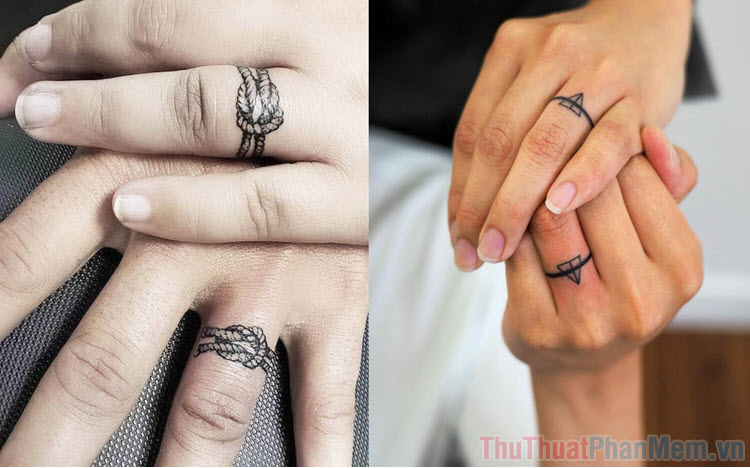 Fine line matching leaf ring tattoo for couple.