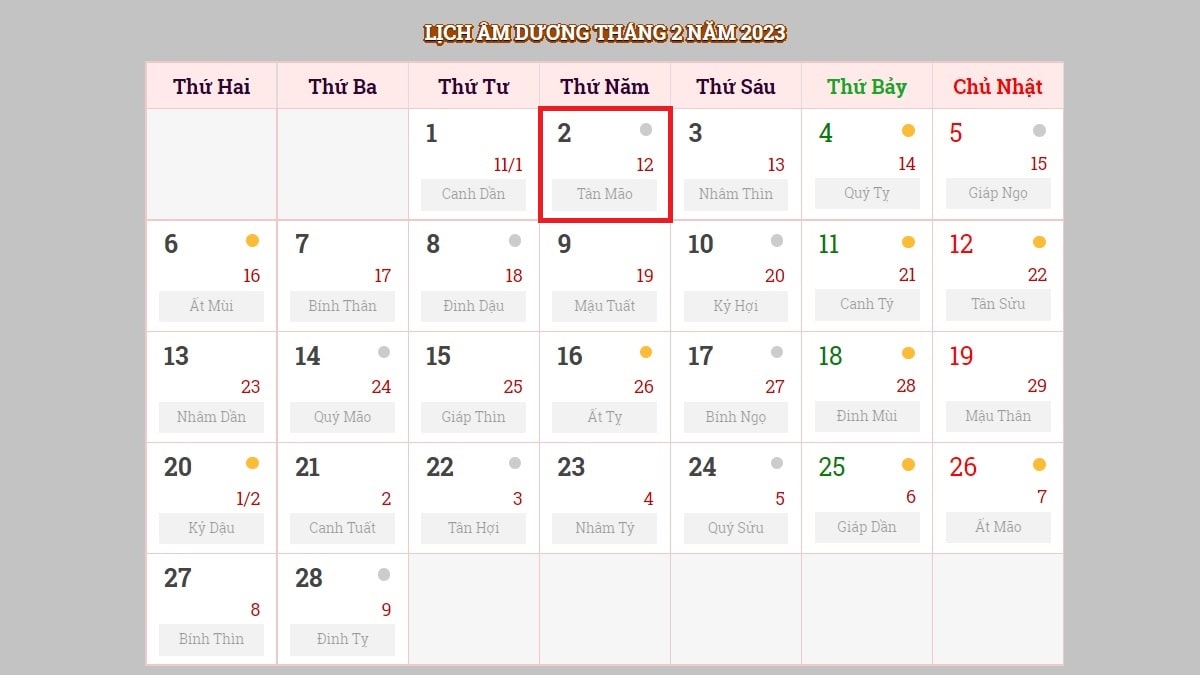 Ngày đẹp âm lịch tháng 2 năm 2024
