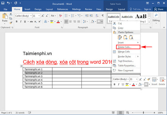 Deleting Rows and Columns in Word 2016