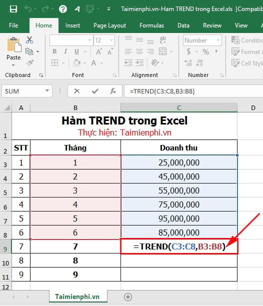 Excel TREND Function, Trend Calculation