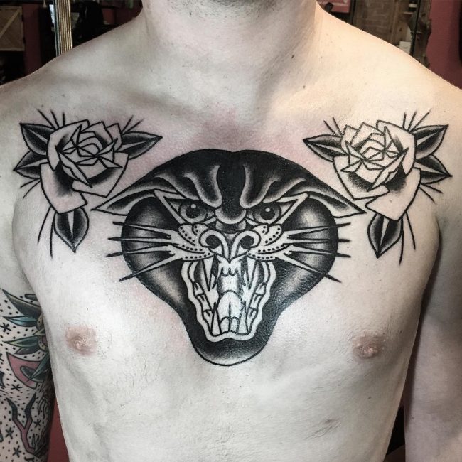 Realistic Panther Tattoo On Chest