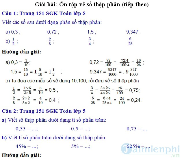 Toán 5 Trang 151 - Ôn Tập Số Thập Phân Hiệu Quả Cho Học Sinh