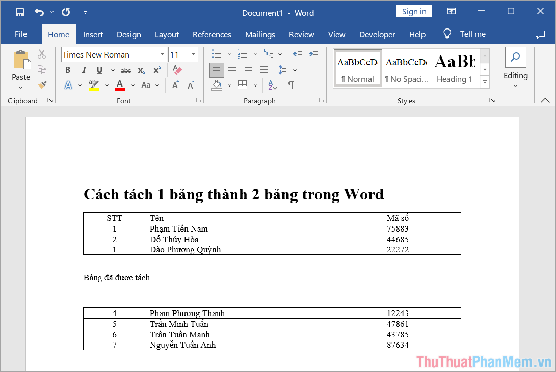 How to Split a Table into Two Tables in Word