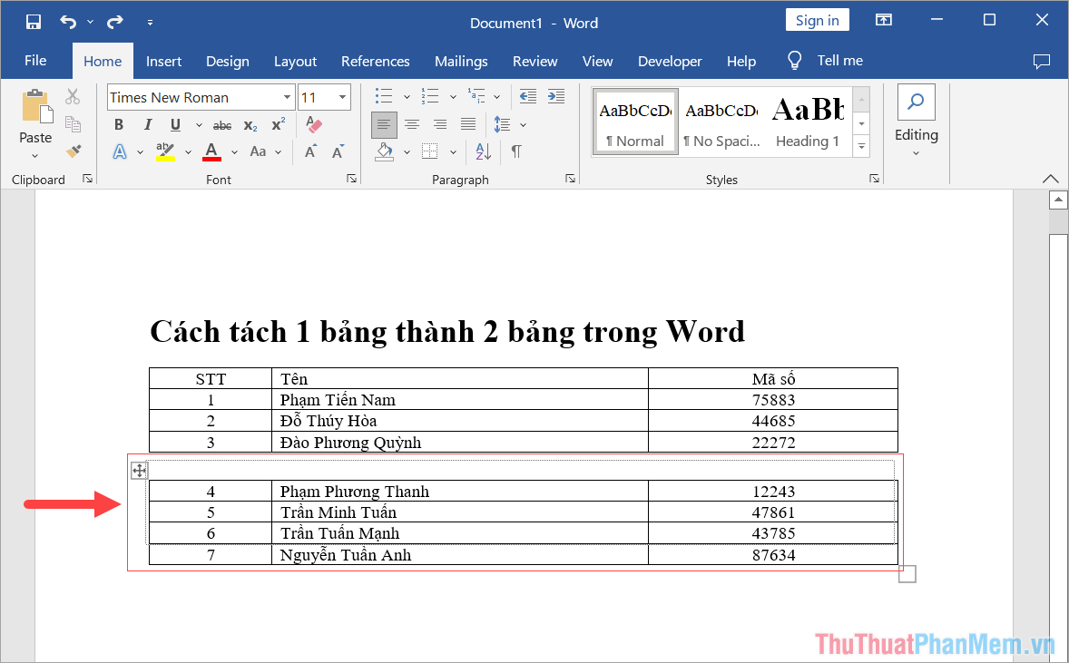 How to Split a Table into Two Tables in Word