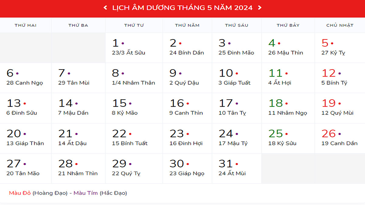 Khám phá lịch âm tháng 5 năm 2024