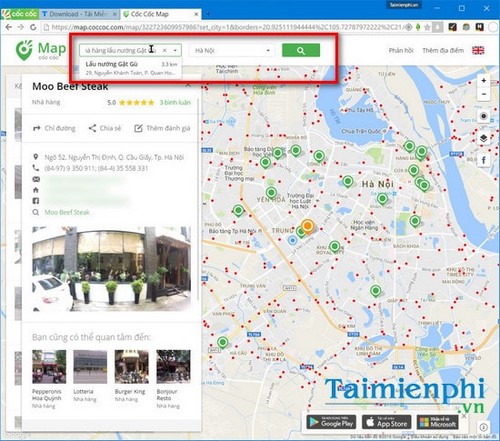 Find the nearest restaurant using Coc Coc Map, find eateries, hotels on Co