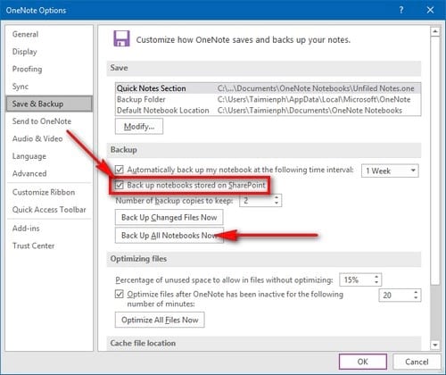 Fixing the issue of OneNote failing to save in the Local Backups area
