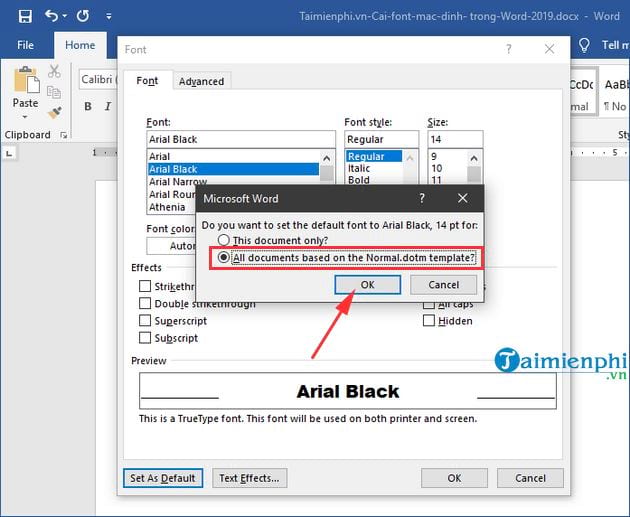 Setting Default Font in Word 2019