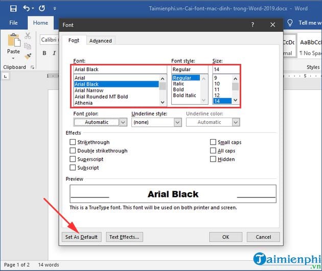Setting Default Font in Word 2019
