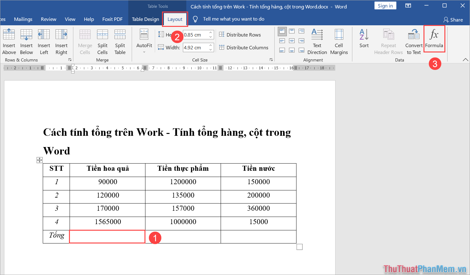 How to calculate sums in word adding rows and columns in word
