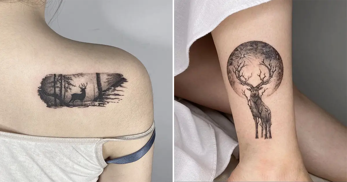 Black Ink Deer And Wolf Head Tattoo Design