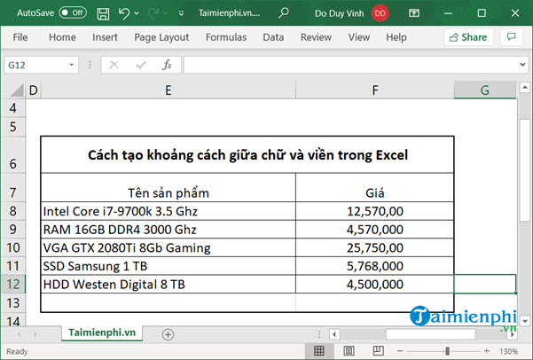 Bí quyết tạo khoảng cách giữa chữ và viền trong Excel