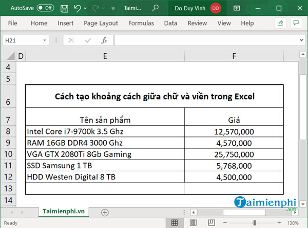 Bí quyết tạo khoảng cách giữa chữ và viền trong Excel