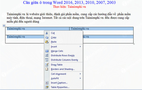 Hướng dẫn căn giữa ô trong Word, Excel