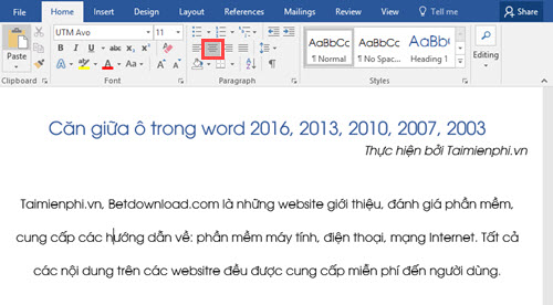 Hướng dẫn căn giữa ô trong Word, Excel