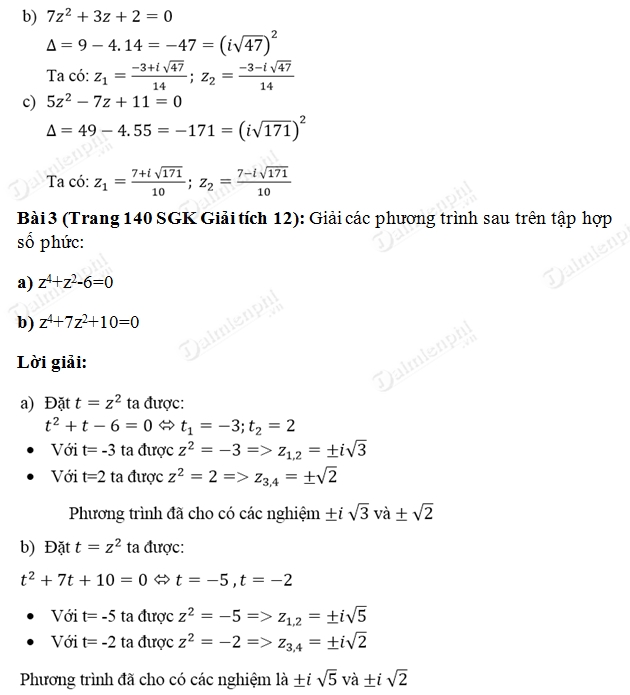 Toán 12 trang 140 - Giải Phương Trình Bậc Hai với Hệ Số Thực