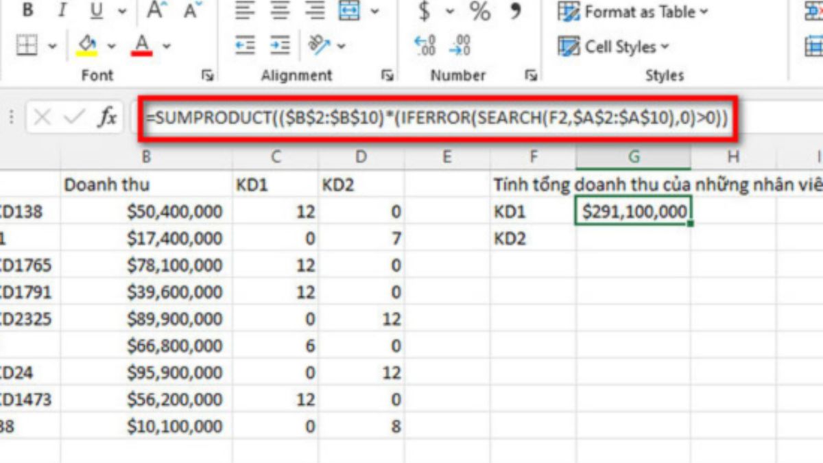 Cách tính tổng các ô không kề nhau trong Excel cách 3