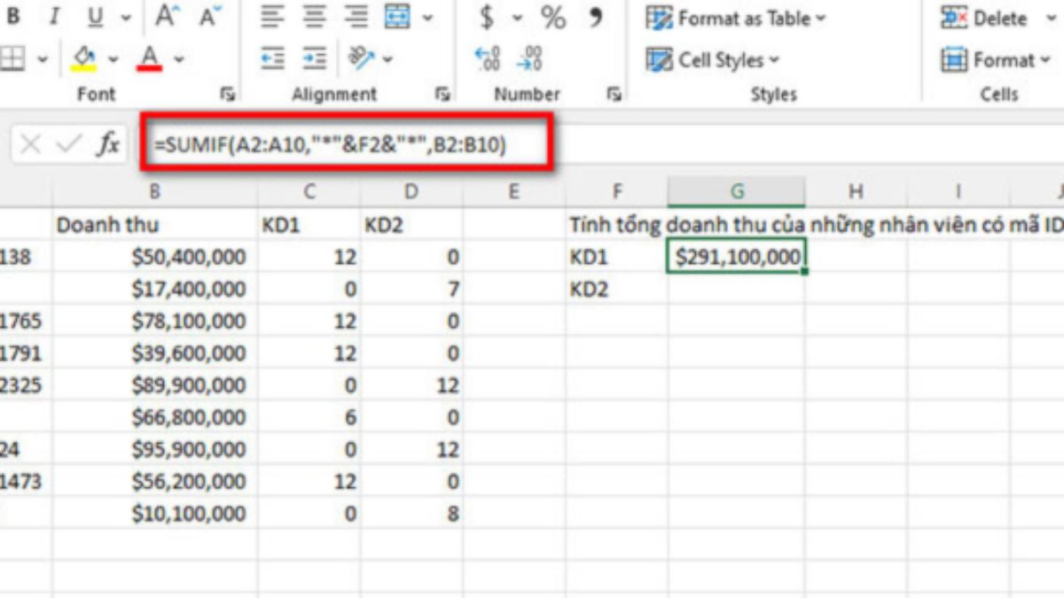 Cách tính tổng các ô không kề nhau trong Excel cách 2
