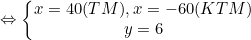 small Leftrightarrow left{egin{matrix} x = 40 (đúng), x = -60 (không hợp lệ)& & \ y = 60& & end{matrix}
ight.