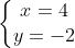 left{egin{matrix} x = 4 & & \ y = -2 & & end{matrix}
ight.