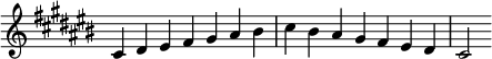  {
override Score.TimeSignature #'stencil = ##f

elative c' {
 clef treble key cis major 	ime 7/4 cis4 dis eis fis gis ais bis cis bis ais gis fis eis dis cis2
} }
