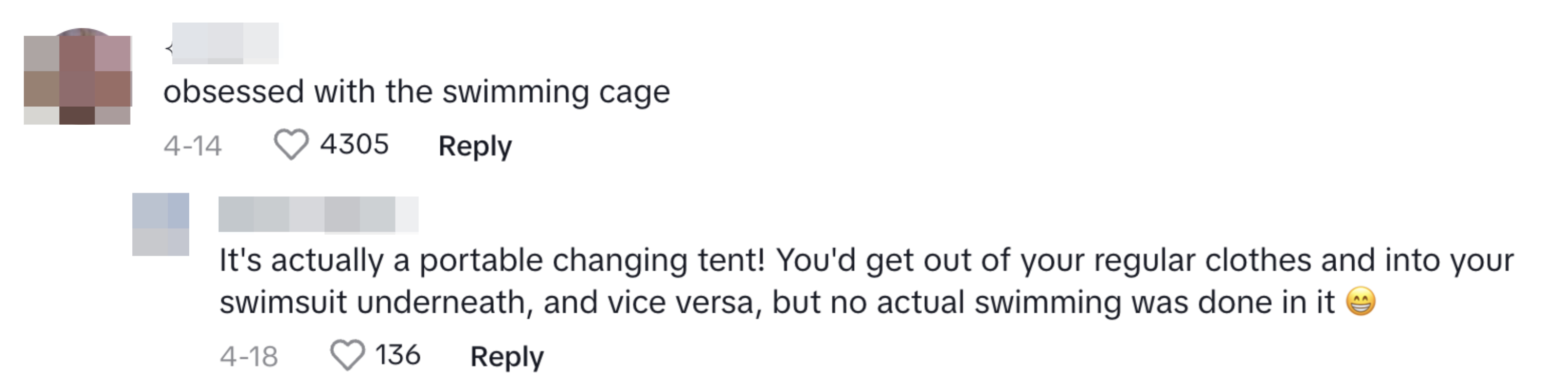 Comment by Aiden: obsessed with the swimming cage. 
Comment by Sister Sydney: It's actually a portable changing tent! You'd change from your regular clothes into your swimsuit inside, and vice versa, but no actual swimming happened in it?