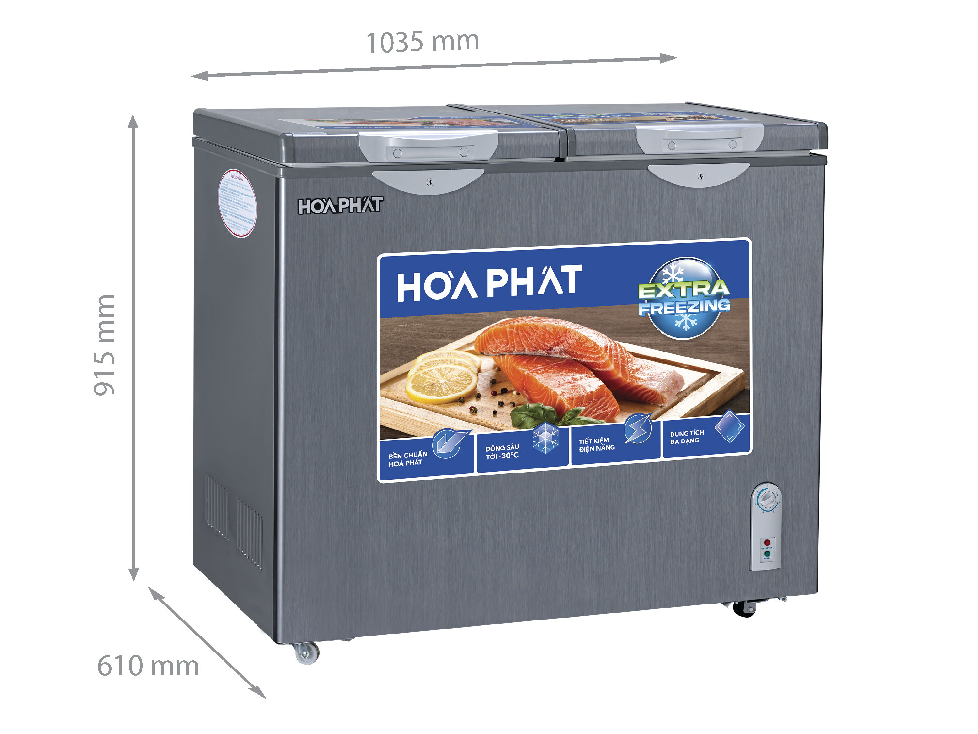 Kích thước tủ đông Hòa Phát 2 ngăn 2 cánh HPF BD6205G