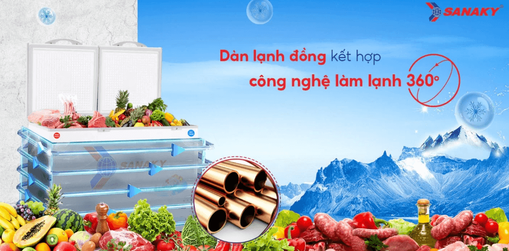 Tủ đông 5699W1 của Sanaky sử dụng dàn lạnh bằng đồng và công nghệ làm lạnh 360 độ