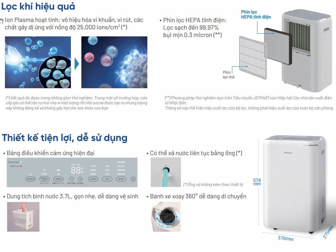 Daikin JPF12AV2 có bộ lọc Hepa tĩnh điện