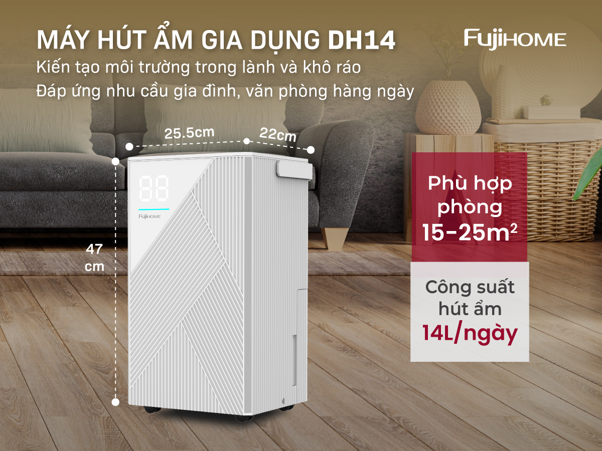 Máy hút ẩm Fujihome DH14 thiết kế nhỏ gọn