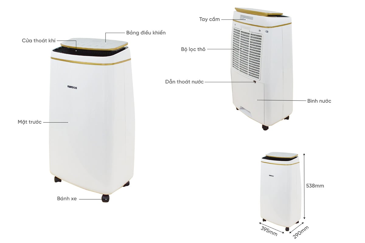máy hút ẩm Nanoco NDH102 có kiểu dáng hiện đại, nhỏ gọn