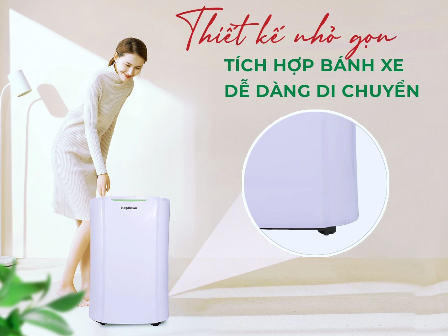 Máy hút ẩm Nagakawa có 4 bánh xe di chuyển
