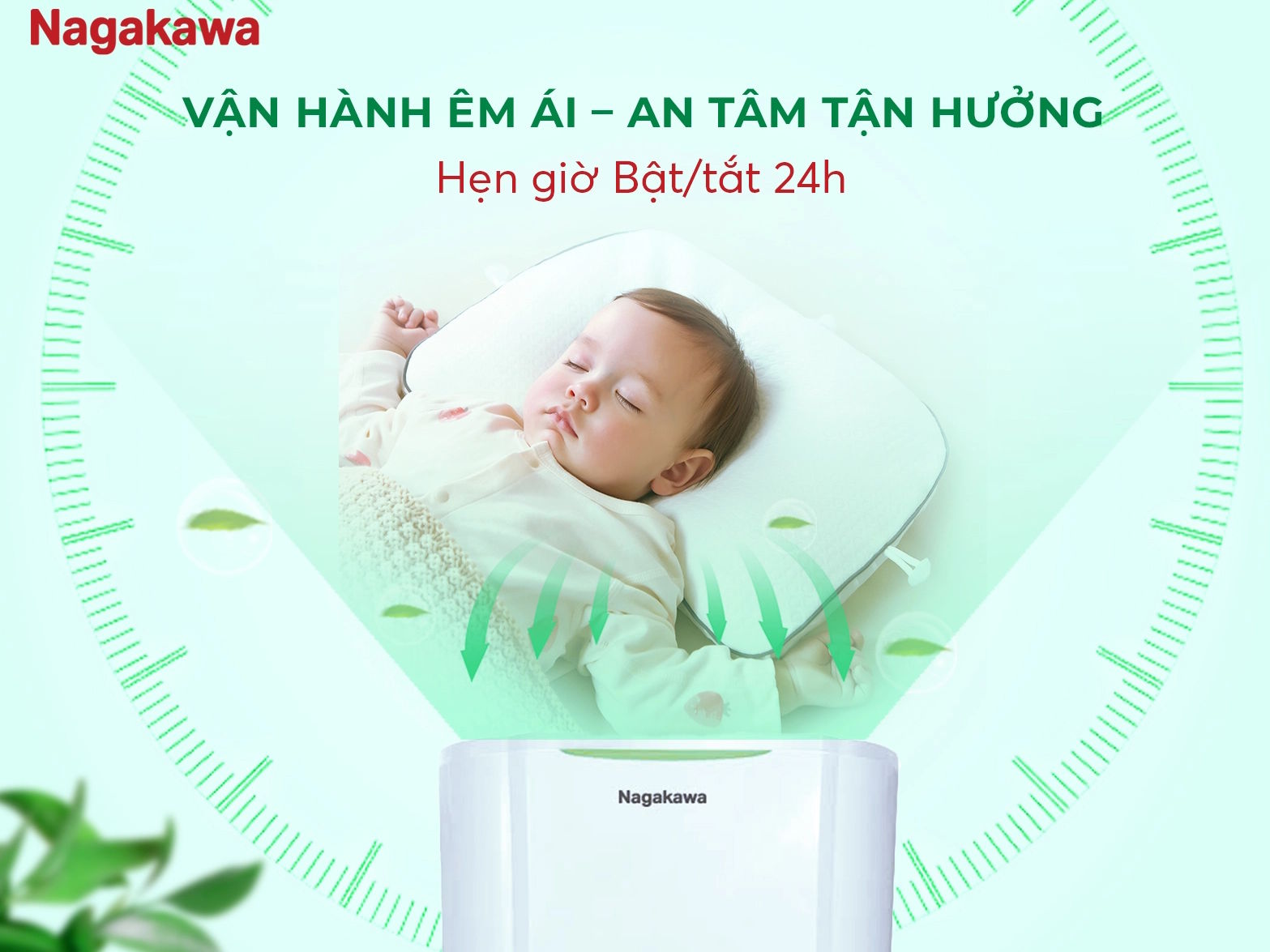 Máy hút ẩm lọc không khí Nagakawa vận hành êm, có hẹn giờ tắt