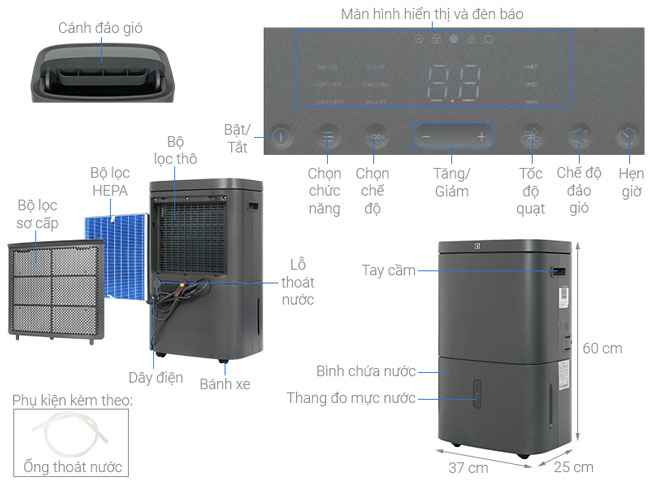 Cấu tạo của máy hút ẩm lọc không khí Electrolux EDH12TRBD2