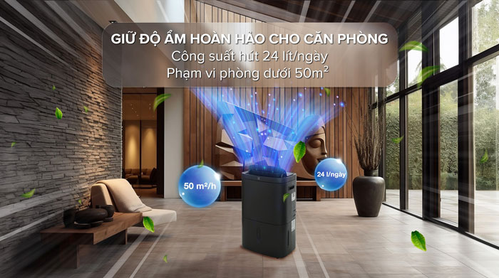 Máy hút ẩm Electrolux UltimateHome 500 EDH12TRBD2 có công suất hút ẩm là 24 lít/ngày thích hợp dùng cho nhiều không gian